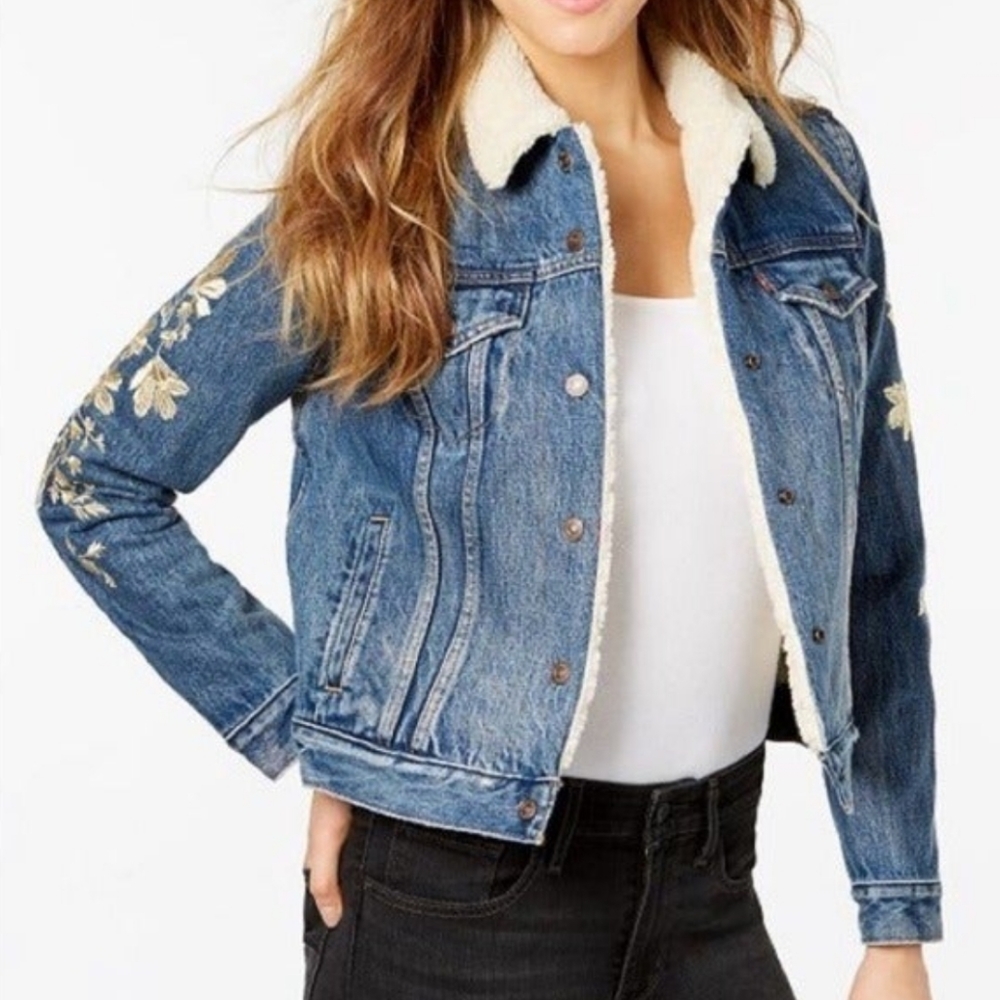 Levi's floral embroidered denim sherpa trucker jacket